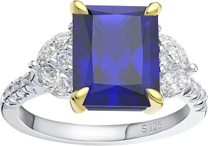 Created Blue Sapphire Rings for Women Sterling Silver 14k Gold Accents 3.5 Ct Blue Gemstone Engagement or Bridal for Women | September Birthstone Ring by Ginger Lyne | Faux Simulated Diamond