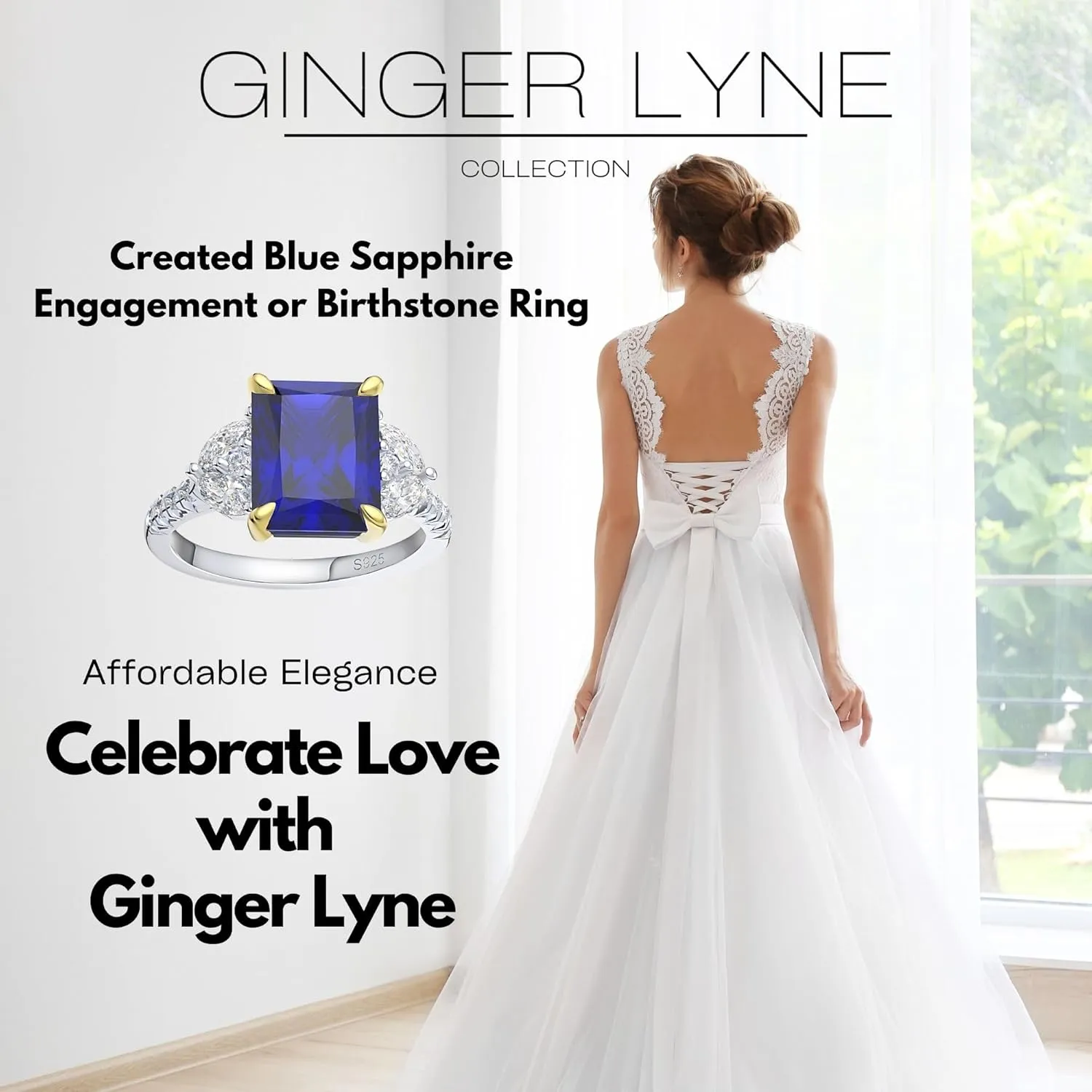 Created Blue Sapphire Rings for Women Sterling Silver 14k Gold Accents 3.5 Ct Blue Gemstone Engagement or Bridal for Women | September Birthstone Ring by Ginger Lyne | Faux Simulated Diamond