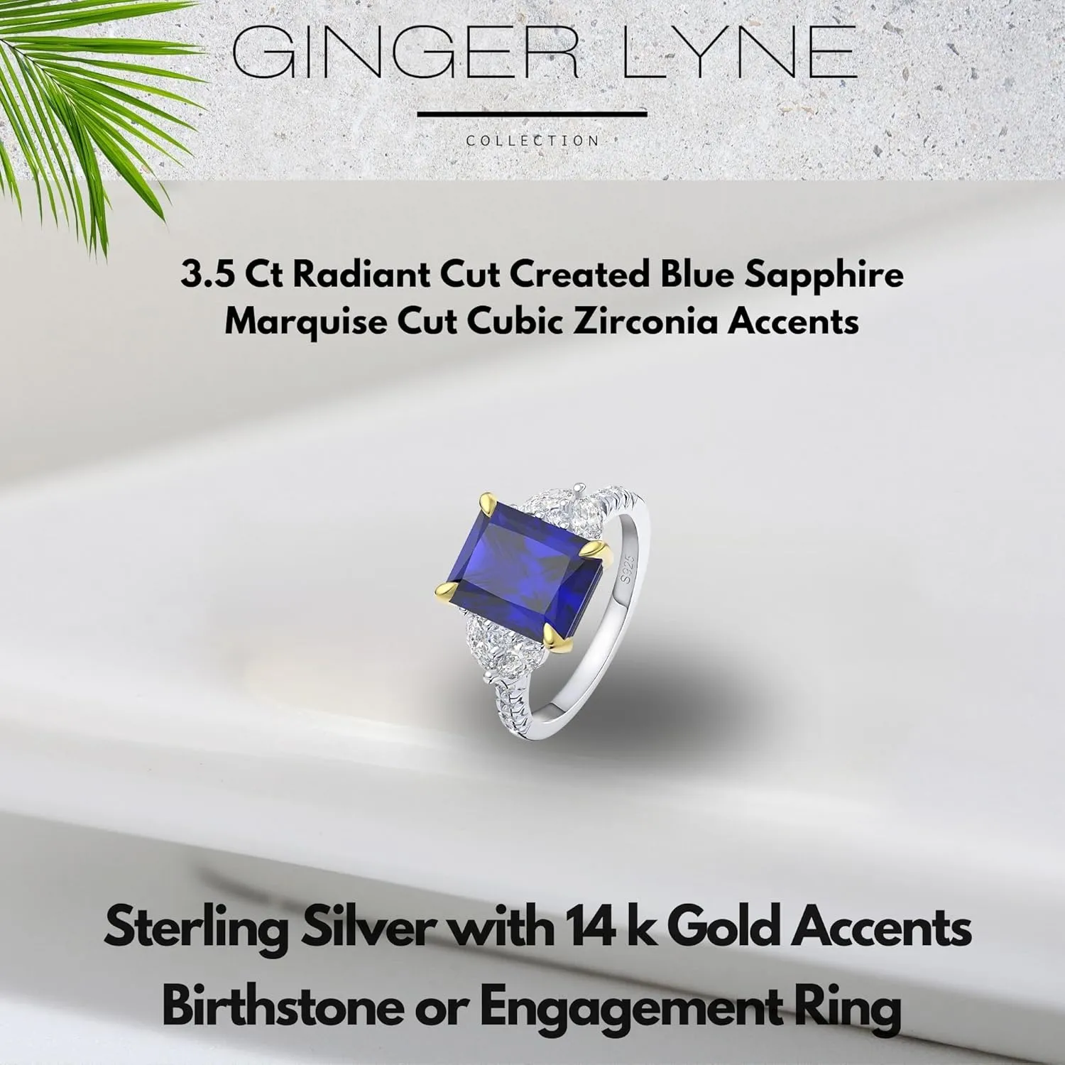 Created Blue Sapphire Rings for Women Sterling Silver 14k Gold Accents 3.5 Ct Blue Gemstone Engagement or Bridal for Women | September Birthstone Ring by Ginger Lyne | Faux Simulated Diamond