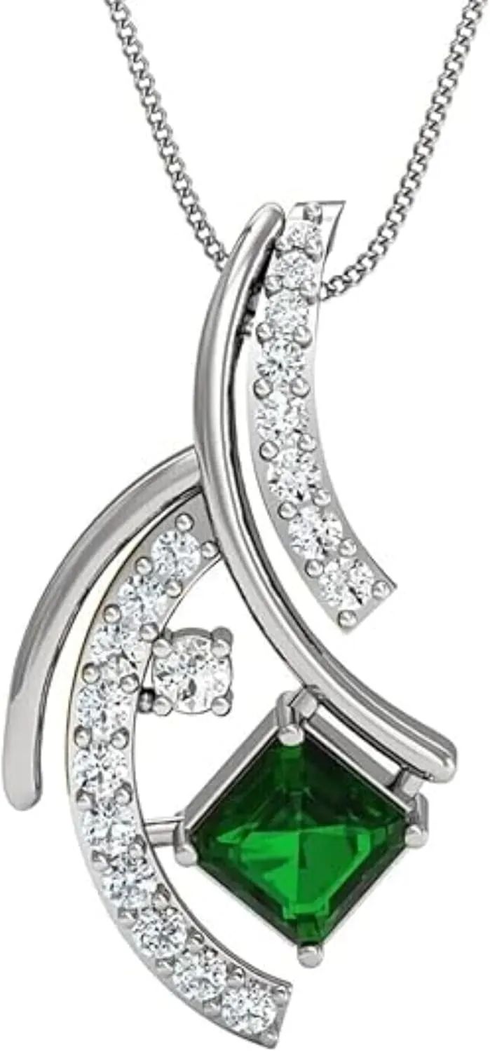 Created Real 925 Sterling Silver 14K White Gold Plated Round & Princess Cut White Diamond & Green Emerald Gemstone Beautiful Ultimate Design Pendant Necklace Jewelry Christmas Gifts for Women