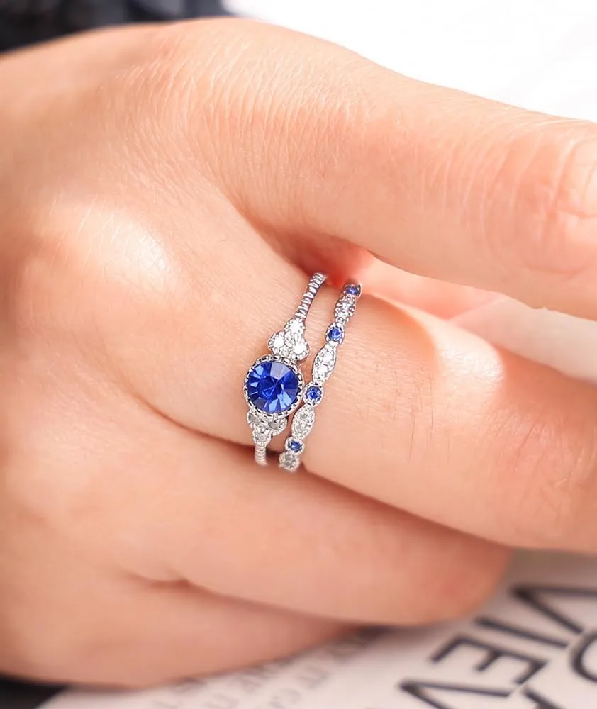 Created Round Cut Sapphire Wedding Rings Set For Women, Marquise CZ Engagement Rings For Women, Rhodium-Plated Copper Blue CZ Promise Ring, Simulated Diamond Anniversary Rings for Size 6-10