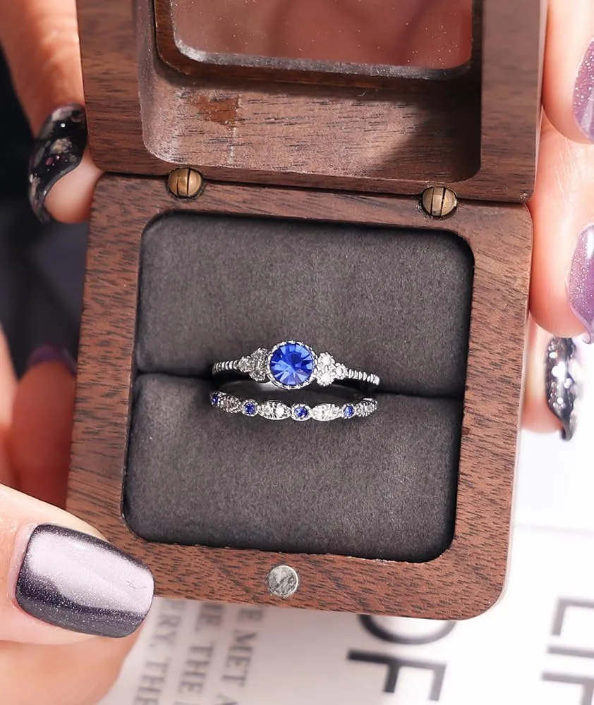 Created Round Cut Sapphire Wedding Rings Set For Women, Marquise CZ Engagement Rings For Women, Rhodium-Plated Copper Blue CZ Promise Ring, Simulated Diamond Anniversary Rings for Size 6-10