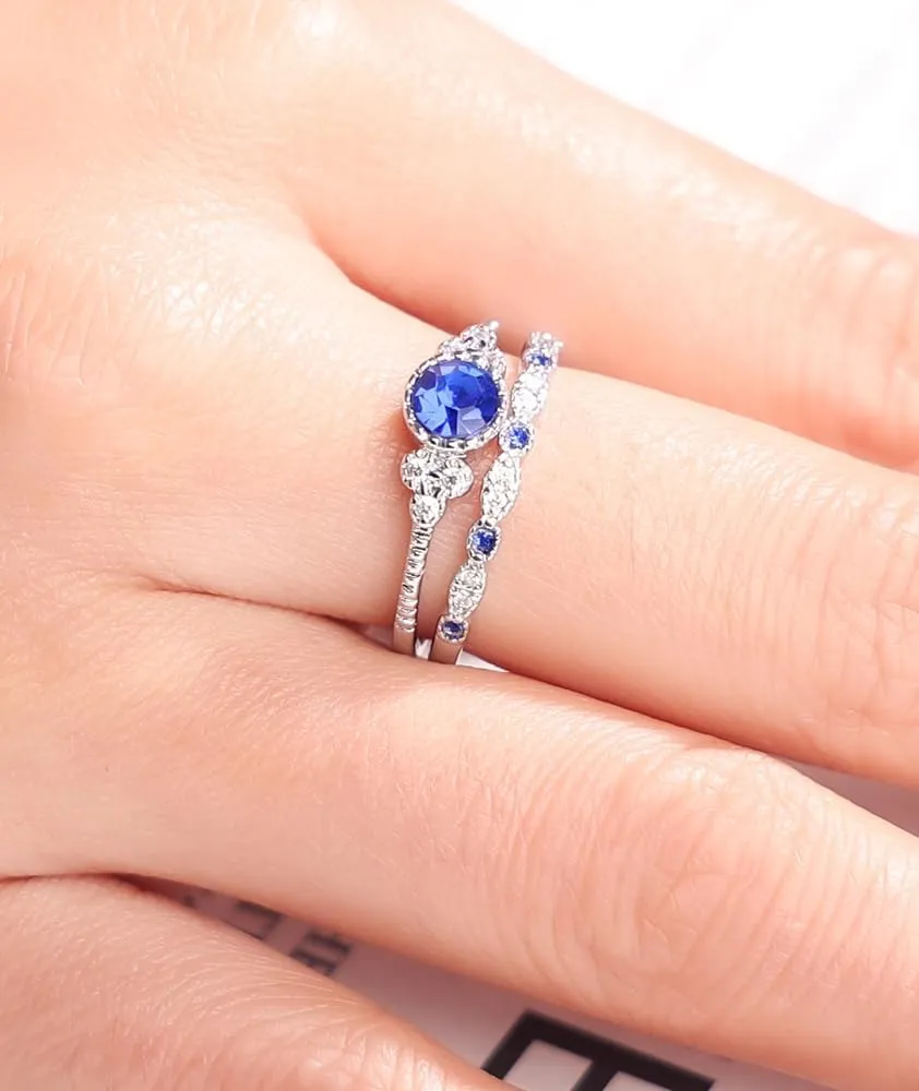 Created Round Cut Sapphire Wedding Rings Set For Women, Marquise CZ Engagement Rings For Women, Rhodium-Plated Copper Blue CZ Promise Ring, Simulated Diamond Anniversary Rings for Size 6-10