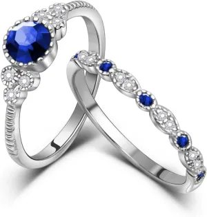Created Round Cut Sapphire Wedding Rings Set For Women, Marquise CZ Engagement Rings For Women, Rhodium-Plated Copper Blue CZ Promise Ring, Simulated Diamond Anniversary Rings for Size 6-10