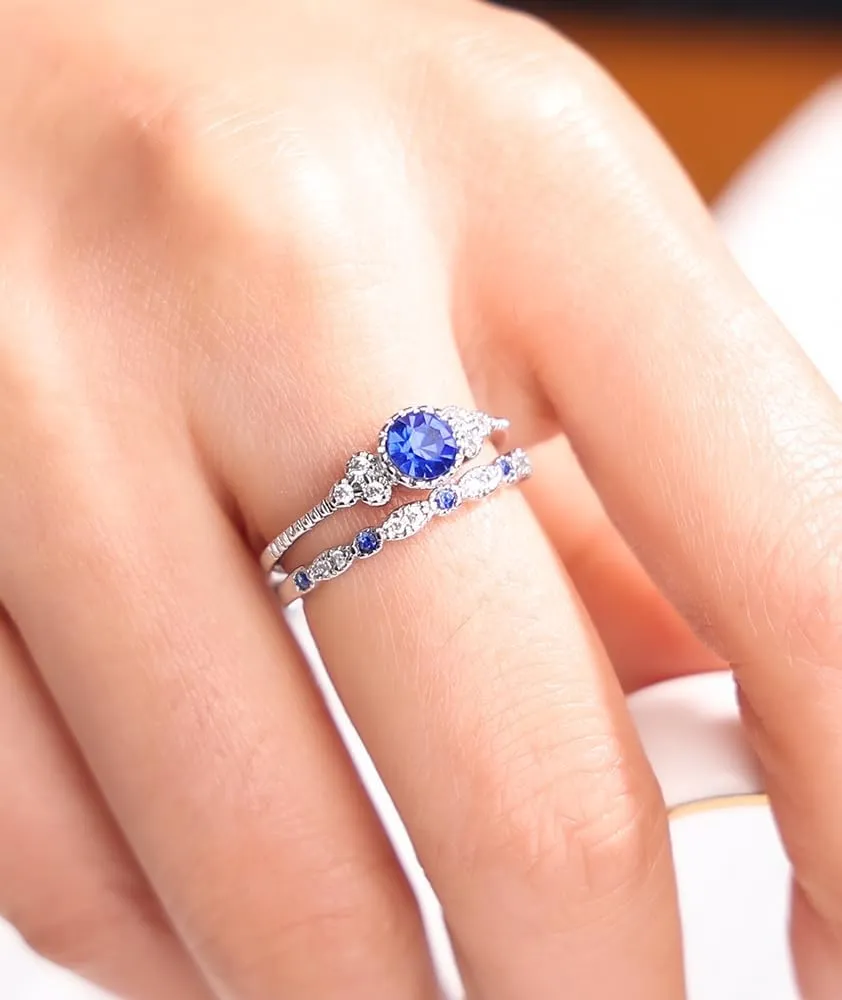 Created Round Cut Sapphire Wedding Rings Set For Women, Marquise CZ Engagement Rings For Women, Rhodium-Plated Copper Blue CZ Promise Ring, Simulated Diamond Anniversary Rings for Size 6-10