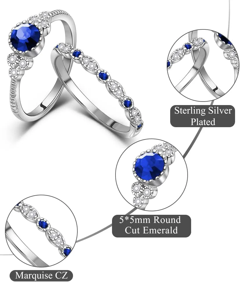 Created Round Cut Sapphire Wedding Rings Set For Women, Marquise CZ Engagement Rings For Women, Rhodium-Plated Copper Blue CZ Promise Ring, Simulated Diamond Anniversary Rings for Size 6-10