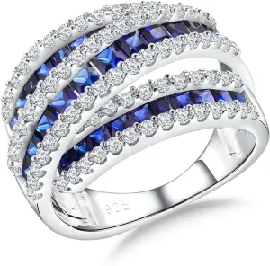 Crossover Statement Ring Wedding Bands 925 Sterling Silver Created Gemstone Chunky Wide Band Rings for Women Men Cocktail Anniversary Jewelry Size 6-10 (with Gift Box)