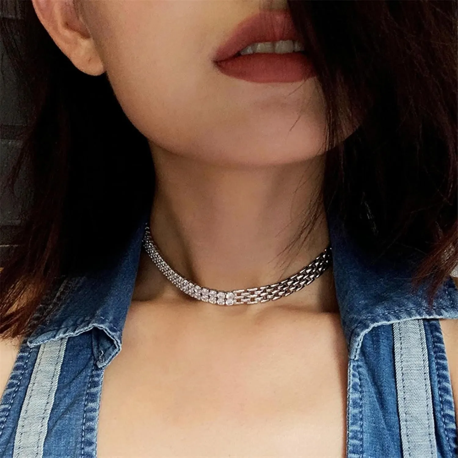 Cubic Zirconia Necklace for Women, Silver Necklaces Tennis Chain Cz Round Shape Silver Plated Chain Necklaces for Birthday
