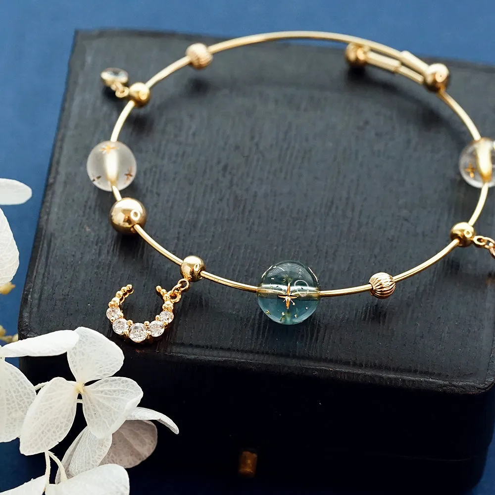 Cute Planet Zircon and Resin Bead Bracelet 14K Gold Plated Silver Jewelry For Women