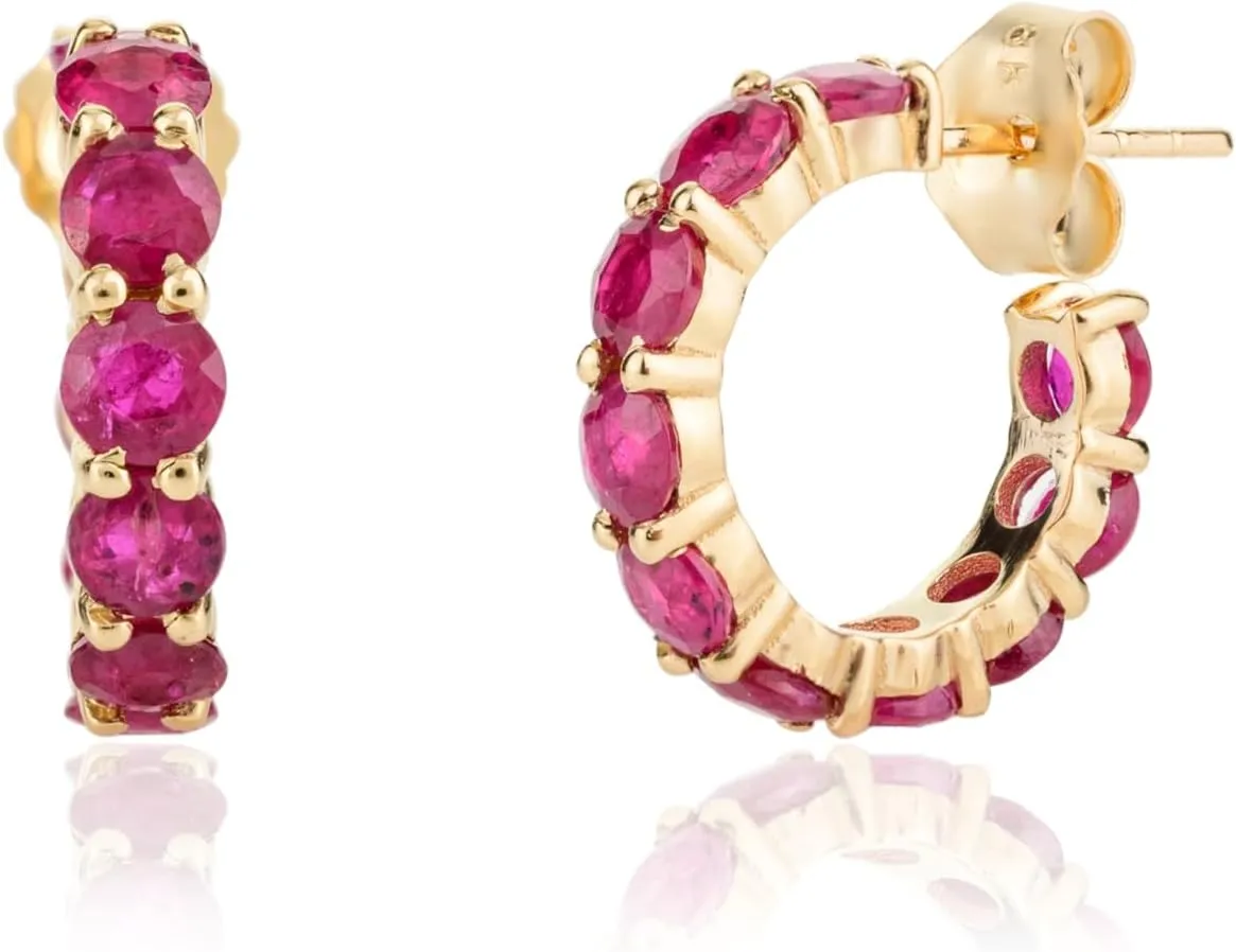 Dainty 18k Yellow Gold 1.95 Carats Ruby Huggie Hoop Earrings for Her- Solid Gold Earrings For Women- Minimalist Jewelry Gift- July Birthstone Earrings