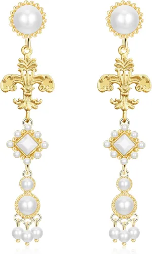 Dainty Baroque Pearl Flower Tassel Dangle Drop Earrings Floral Fringe Long Stud Earrings For Women
