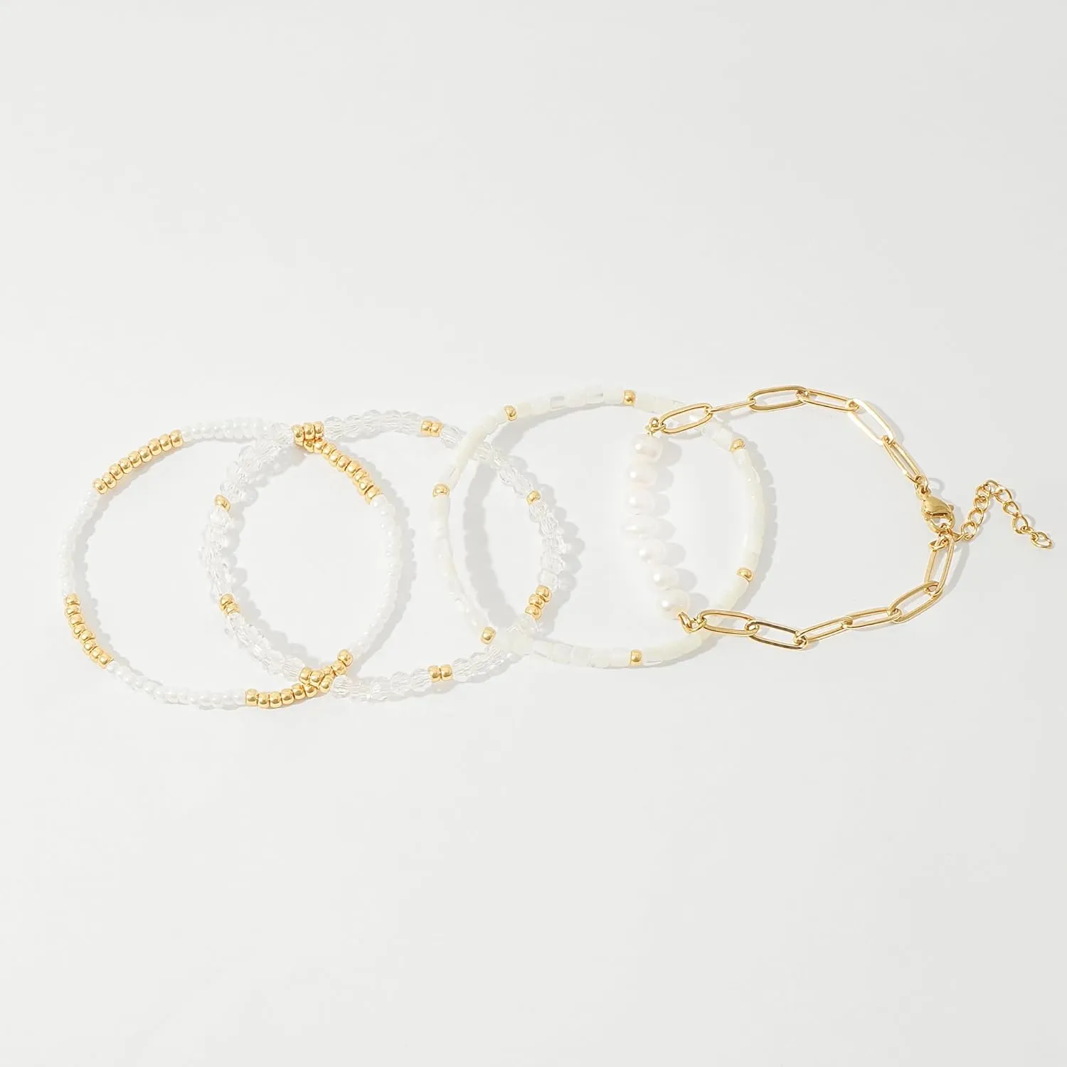 Dainty Gold Pearl Crystal Beaded Bracelets Set for Women 14K Real Gold Plated Bead Pearl Crystal Beads Bracelet Stackable Paperclip Link Chain Bracelets Gold Bracelets for Women Trendy Jewelry