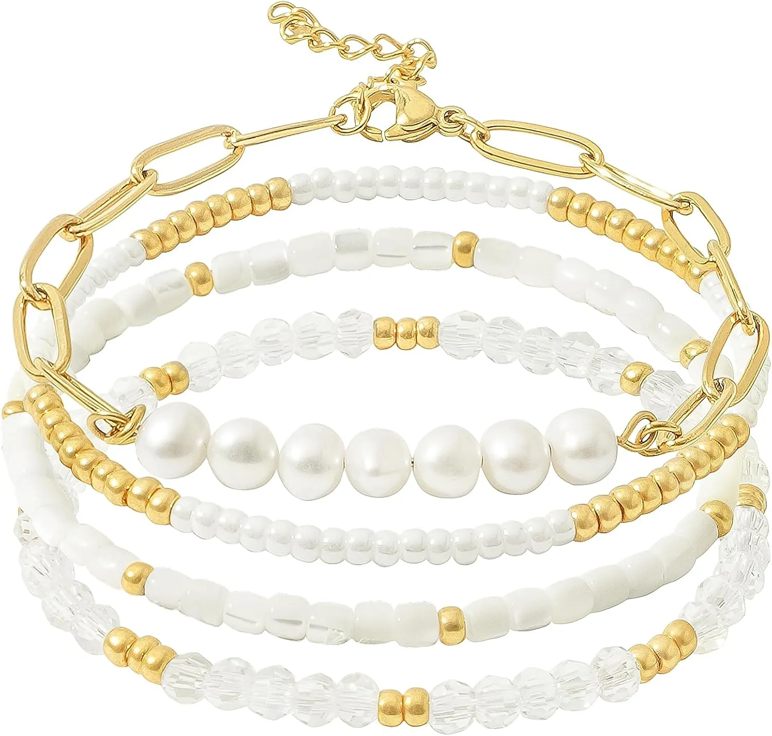 Dainty Gold Pearl Crystal Beaded Bracelets Set for Women 14K Real Gold Plated Bead Pearl Crystal Beads Bracelet Stackable Paperclip Link Chain Bracelets Gold Bracelets for Women Trendy Jewelry