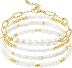 Dainty Gold Pearl Crystal Beaded Bracelets Set for Women 14K Real Gold Plated Bead Pearl Crystal Beads Bracelet Stackable Paperclip Link Chain Bracelets Gold Bracelets for Women Trendy Jewelry