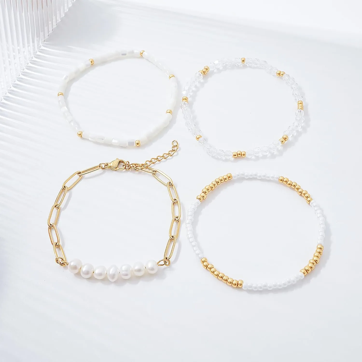 Dainty Gold Pearl Crystal Beaded Bracelets Set for Women 14K Real Gold Plated Bead Pearl Crystal Beads Bracelet Stackable Paperclip Link Chain Bracelets Gold Bracelets for Women Trendy Jewelry