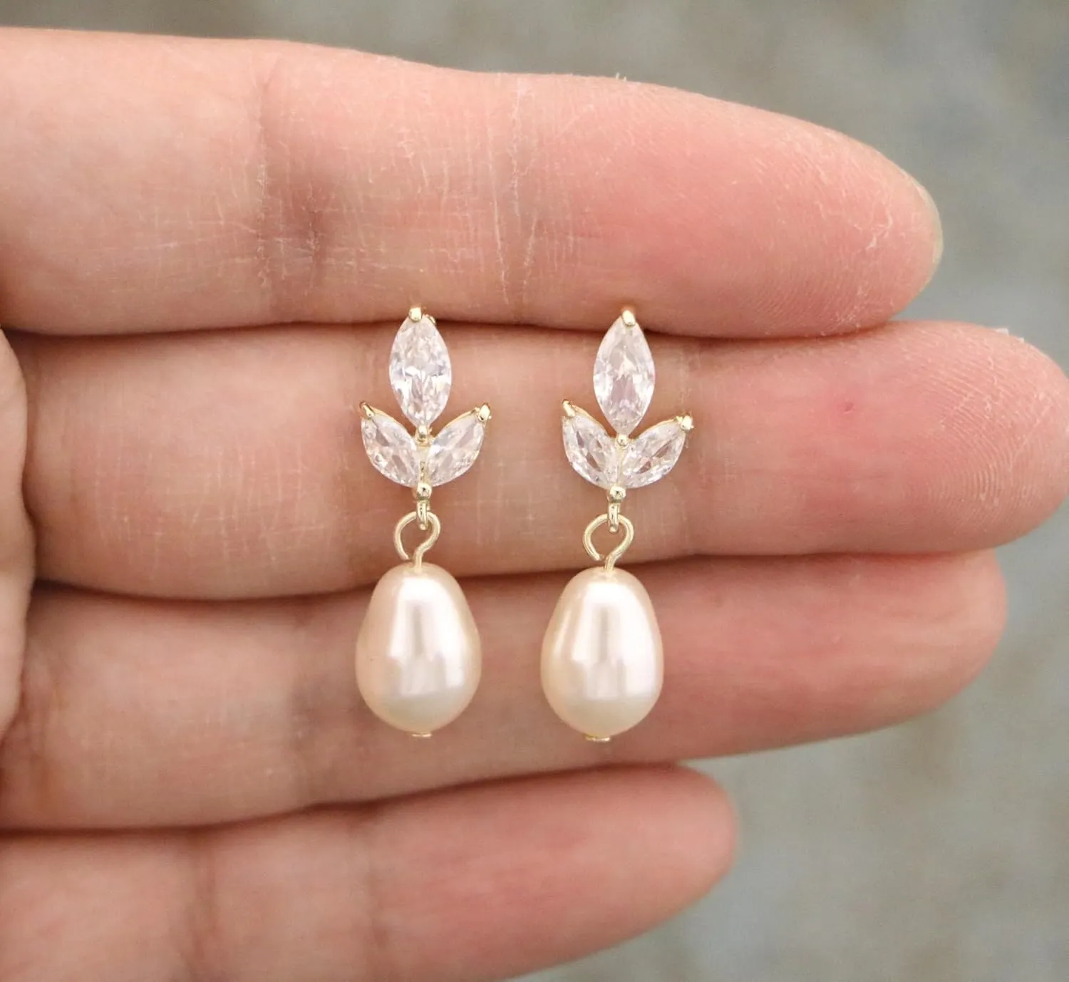 Dainty Gold Pearl Earrings for Women, Trendy 14k Gold Filled Freshwater CZ Leaf Bow Pearl Dangle Drop Earrings Lightweight Hypoallergenic Bridesmaid Stud Earring Wedding Statement Jewelry for Women Gifts