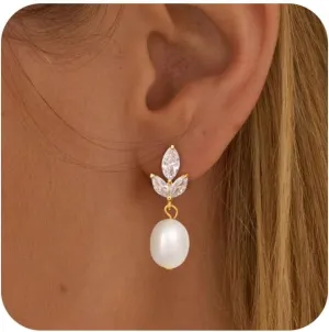 Dainty Gold Pearl Earrings for Women, Trendy 14k Gold Filled Freshwater CZ Leaf Bow Pearl Dangle Drop Earrings Lightweight Hypoallergenic Bridesmaid Stud Earring Wedding Statement Jewelry for Women Gifts