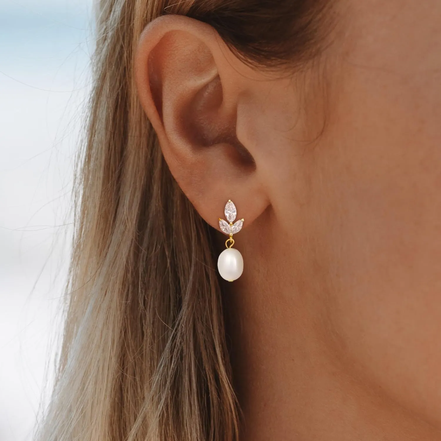 Dainty Gold Pearl Earrings for Women, Trendy 14k Gold Filled Freshwater CZ Leaf Bow Pearl Dangle Drop Earrings Lightweight Hypoallergenic Bridesmaid Stud Earring Wedding Statement Jewelry for Women Gifts