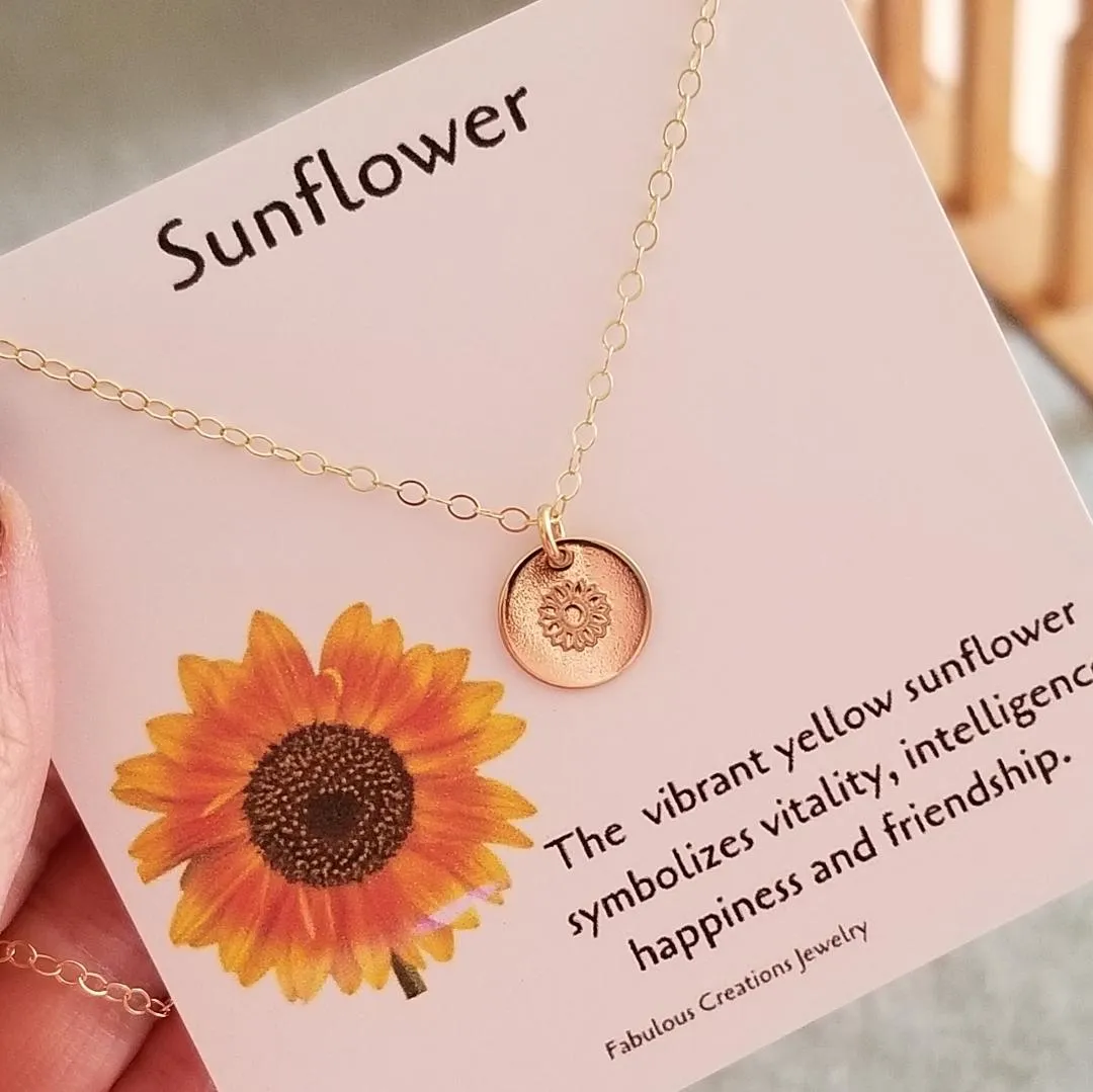 Dainty Gold Sunflower Necklace, Custom Stamped Disc Necklace