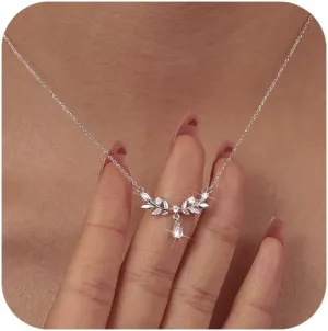 Dainty Rhinestone Leaf Teardrop Necklace for Women S925 Sterling Silver Sparkly CZ Leaf Pendant Necklace Crystal Leaf Choker Necklace Gold Leaf Collar Necklace Birthday Jewelry Gift for Bride
