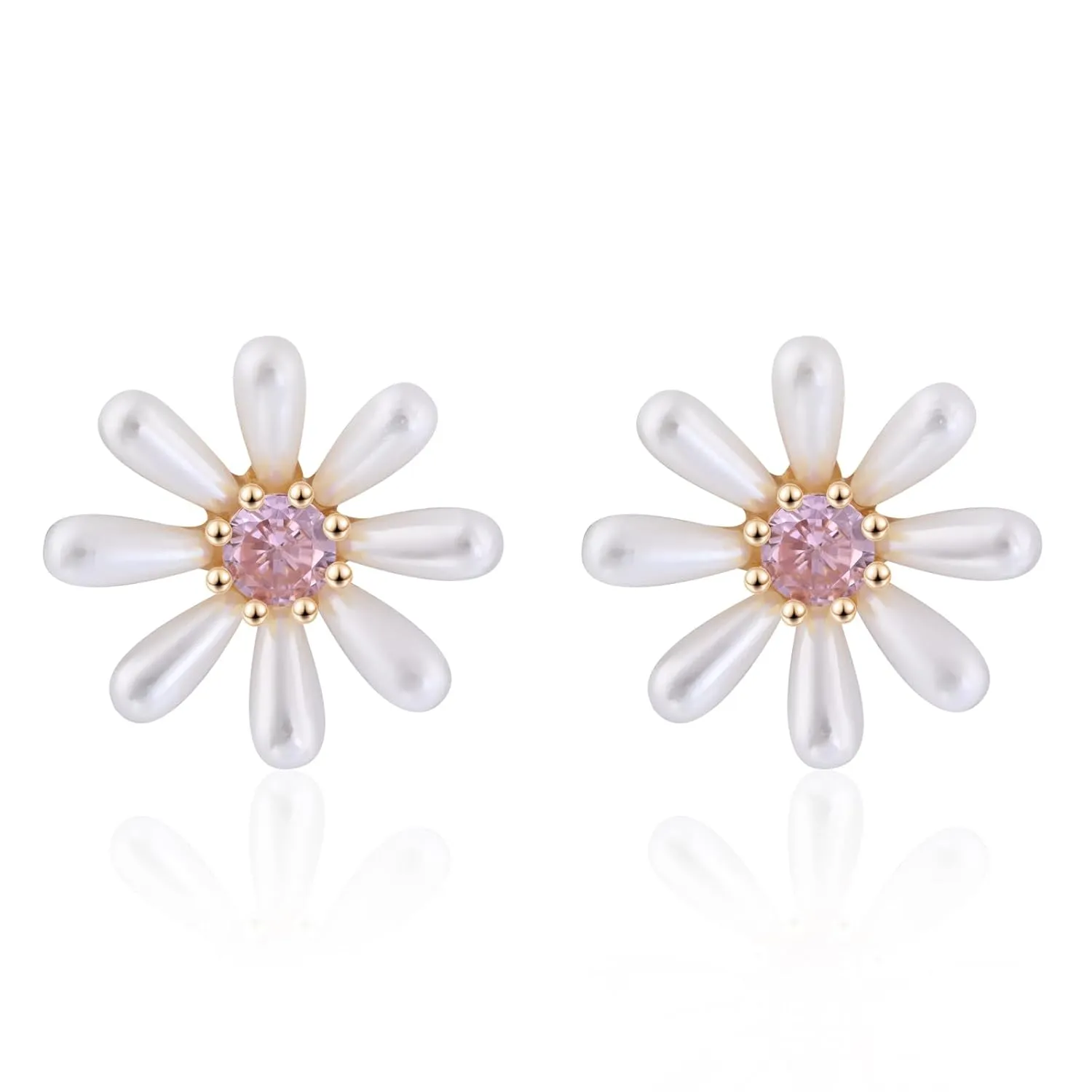 Daisy Earrings Flower Stud Earrings for Women Pearl Stud Pink Cubic Zirconia Earrings Baroque Pearl Flower Earrings for Gift