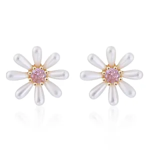 Daisy Earrings Flower Stud Earrings for Women Pearl Stud Pink Cubic Zirconia Earrings Baroque Pearl Flower Earrings for Gift