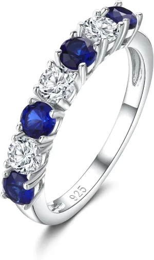 DAYBYDAY 925 Sterling Silver Birthstone Rings for Women White Sapphire Created Gemstone Wedding Band Stackable Half Eternity 7 Stone Anniversary Ring Wife Mom Grandma Birthday Jewelry Size 6-10