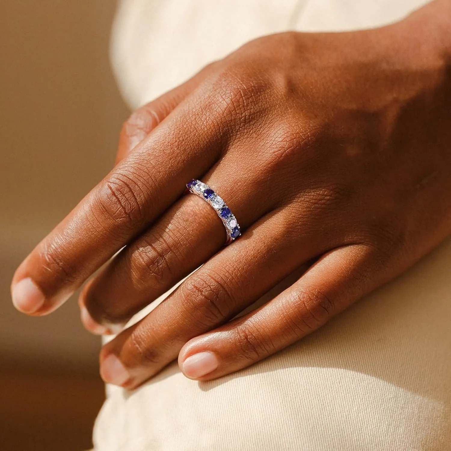 DAYBYDAY 925 Sterling Silver Birthstone Rings for Women White Sapphire Created Gemstone Wedding Band Stackable Half Eternity 7 Stone Anniversary Ring Wife Mom Grandma Birthday Jewelry Size 6-10