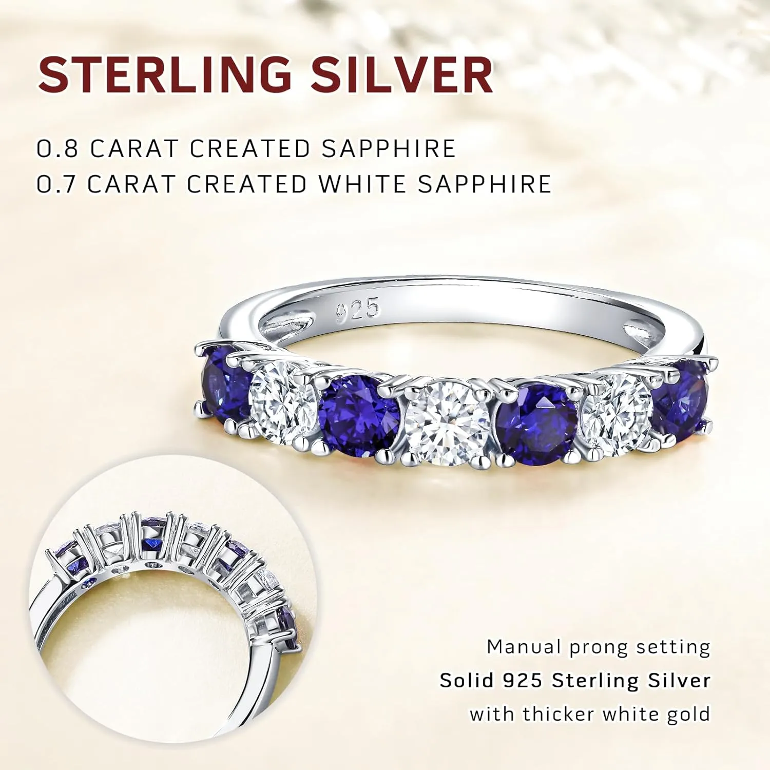 DAYBYDAY 925 Sterling Silver Birthstone Rings for Women White Sapphire Created Gemstone Wedding Band Stackable Half Eternity 7 Stone Anniversary Ring Wife Mom Grandma Birthday Jewelry Size 6-10