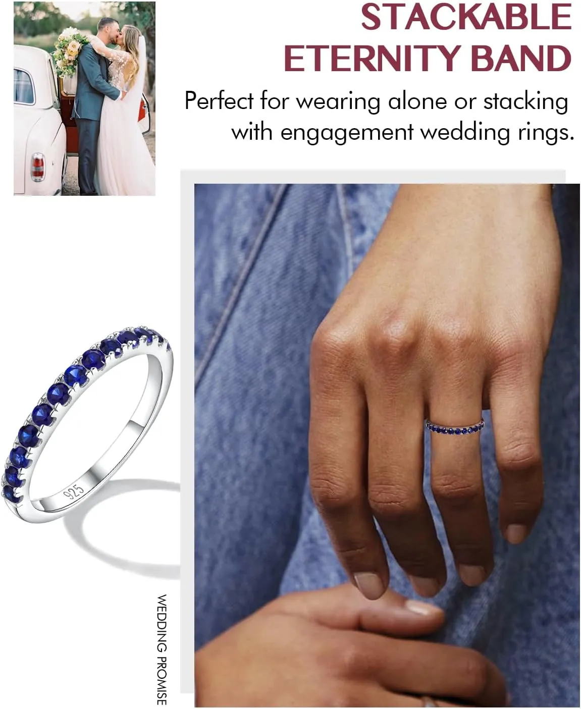 DAYBYDAY Birthstone Band Rings for Women, 925 Sterling Silver Moissanite/Sapphire/Emerald/Half Eternity Ring, 2.2mm Thin Stackable Wedding Band Anniversary Rings for Her