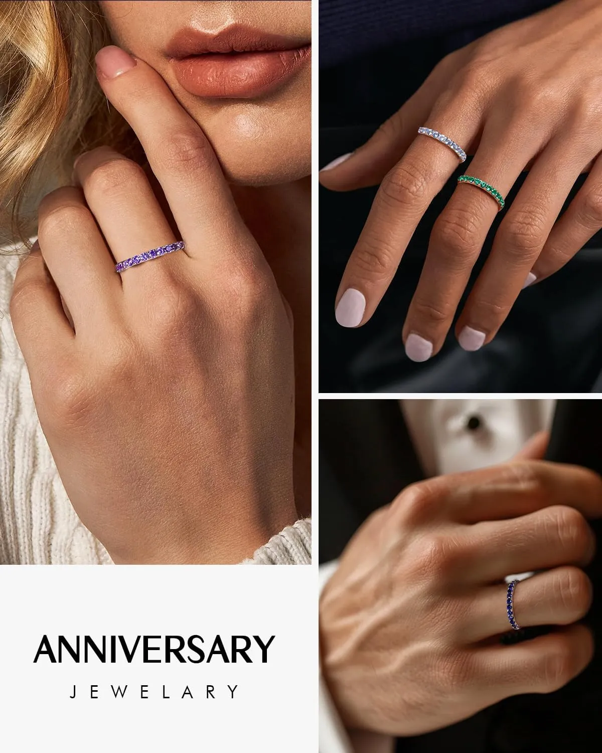 DAYBYDAY Birthstone Band Rings for Women, 925 Sterling Silver Moissanite/Sapphire/Emerald/Half Eternity Ring, 2.2mm Thin Stackable Wedding Band Anniversary Rings for Her