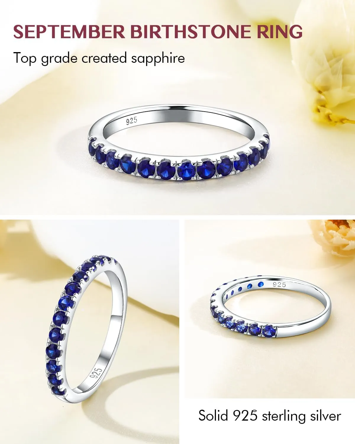 DAYBYDAY Birthstone Band Rings for Women, 925 Sterling Silver Moissanite/Sapphire/Emerald/Half Eternity Ring, 2.2mm Thin Stackable Wedding Band Anniversary Rings for Her