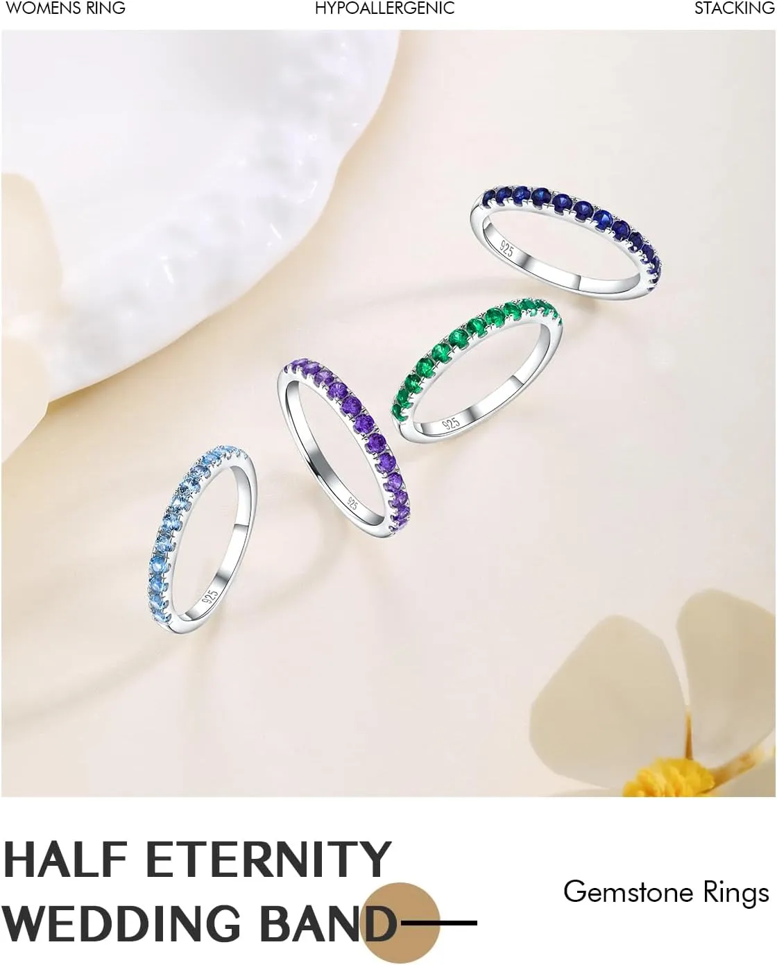 DAYBYDAY Birthstone Band Rings for Women, 925 Sterling Silver Moissanite/Sapphire/Emerald/Half Eternity Ring, 2.2mm Thin Stackable Wedding Band Anniversary Rings for Her