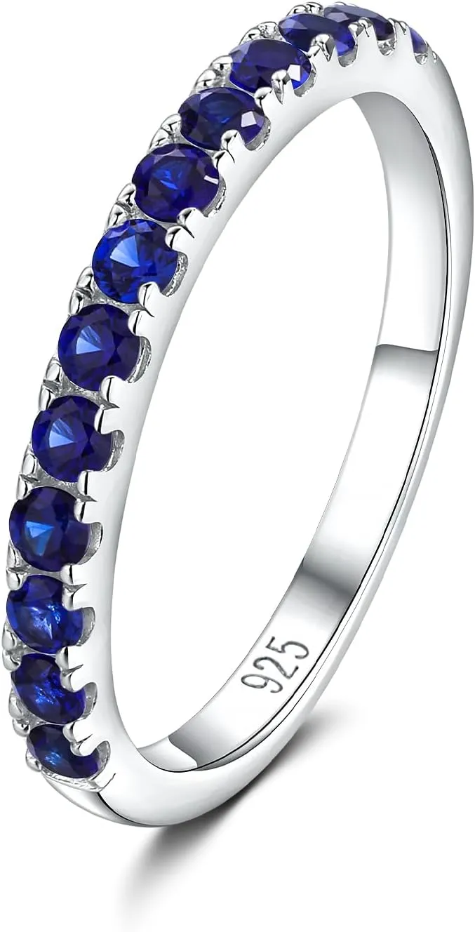 DAYBYDAY Birthstone Band Rings for Women, 925 Sterling Silver Moissanite/Sapphire/Emerald/Half Eternity Ring, 2.2mm Thin Stackable Wedding Band Anniversary Rings for Her