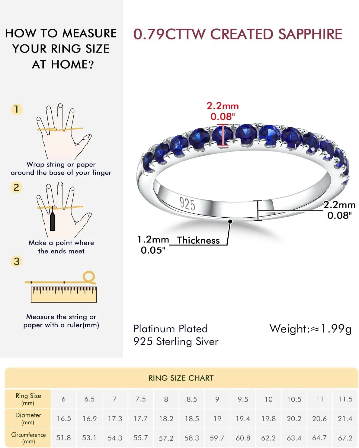DAYBYDAY Birthstone Band Rings for Women, 925 Sterling Silver Moissanite/Sapphire/Emerald/Half Eternity Ring, 2.2mm Thin Stackable Wedding Band Anniversary Rings for Her