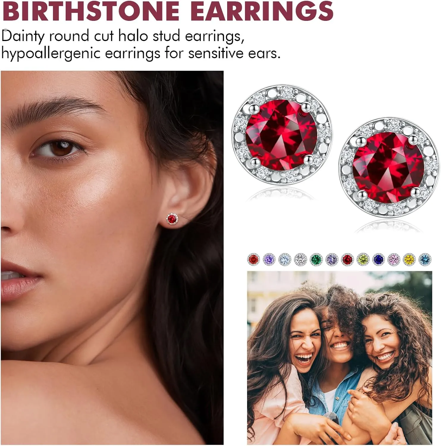 DAYBYDAY Birthstone Earrings for Women 925 Sterling Silver Halo Stud Earrings, Small Round/Cushion/Heart Gemstone Earrings Birthstone Jewelry
