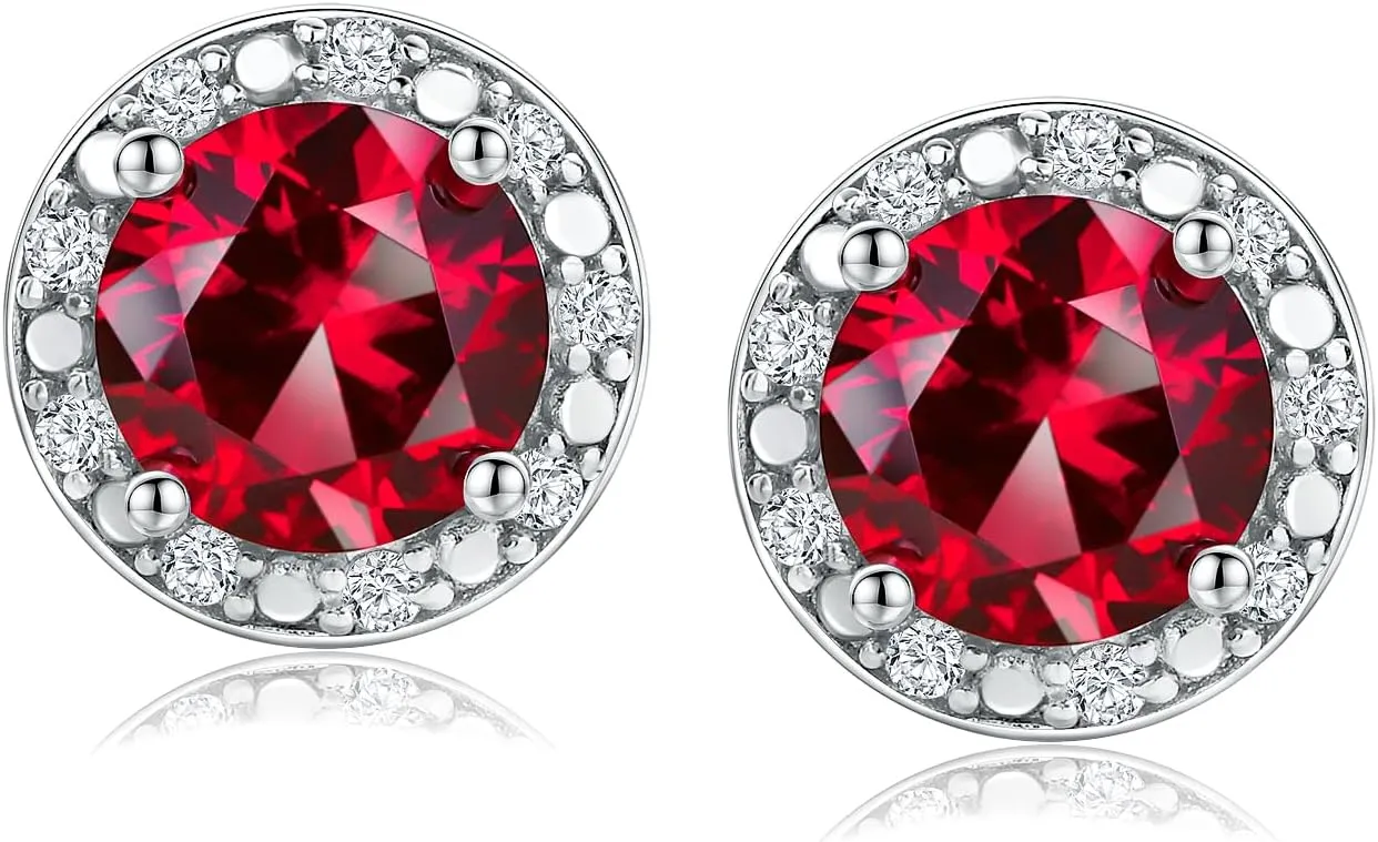 DAYBYDAY Birthstone Earrings for Women 925 Sterling Silver Halo Stud Earrings, Small Round/Cushion/Heart Gemstone Earrings Birthstone Jewelry