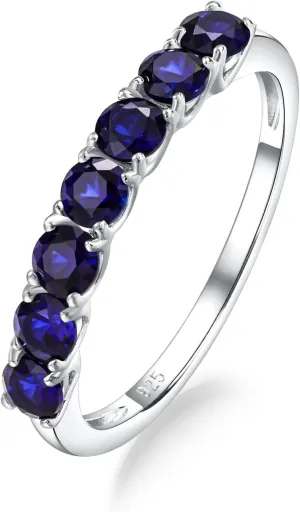 DAYBYDAY Birthstone Rings for Women, 925 Sterling Silver Created Gemstone Half Eternity Band Ring, 7 Stone Wedding Band 2mm Stackable Anniversary Rings for Her Wife Mom Birthday Jewelry