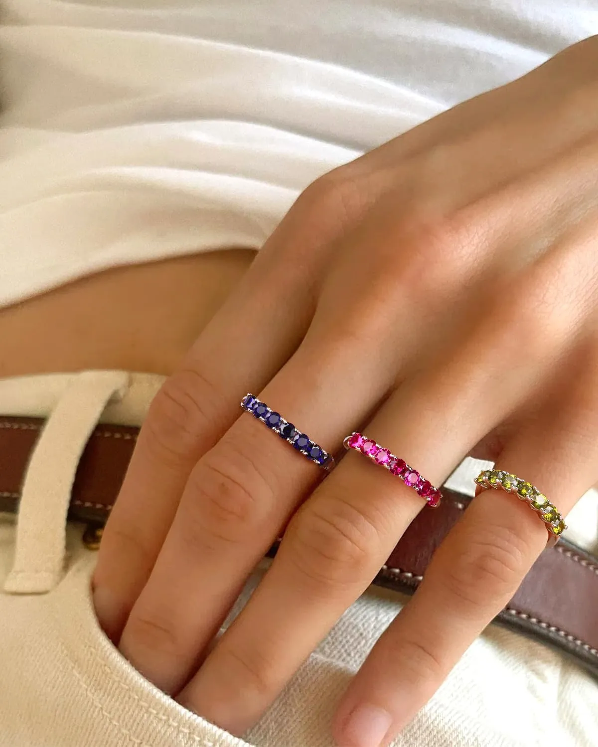 DAYBYDAY Birthstone Rings for Women, 925 Sterling Silver Created Gemstone Half Eternity Band Ring, 7 Stone Wedding Band 2mm Stackable Anniversary Rings for Her Wife Mom Birthday Jewelry
