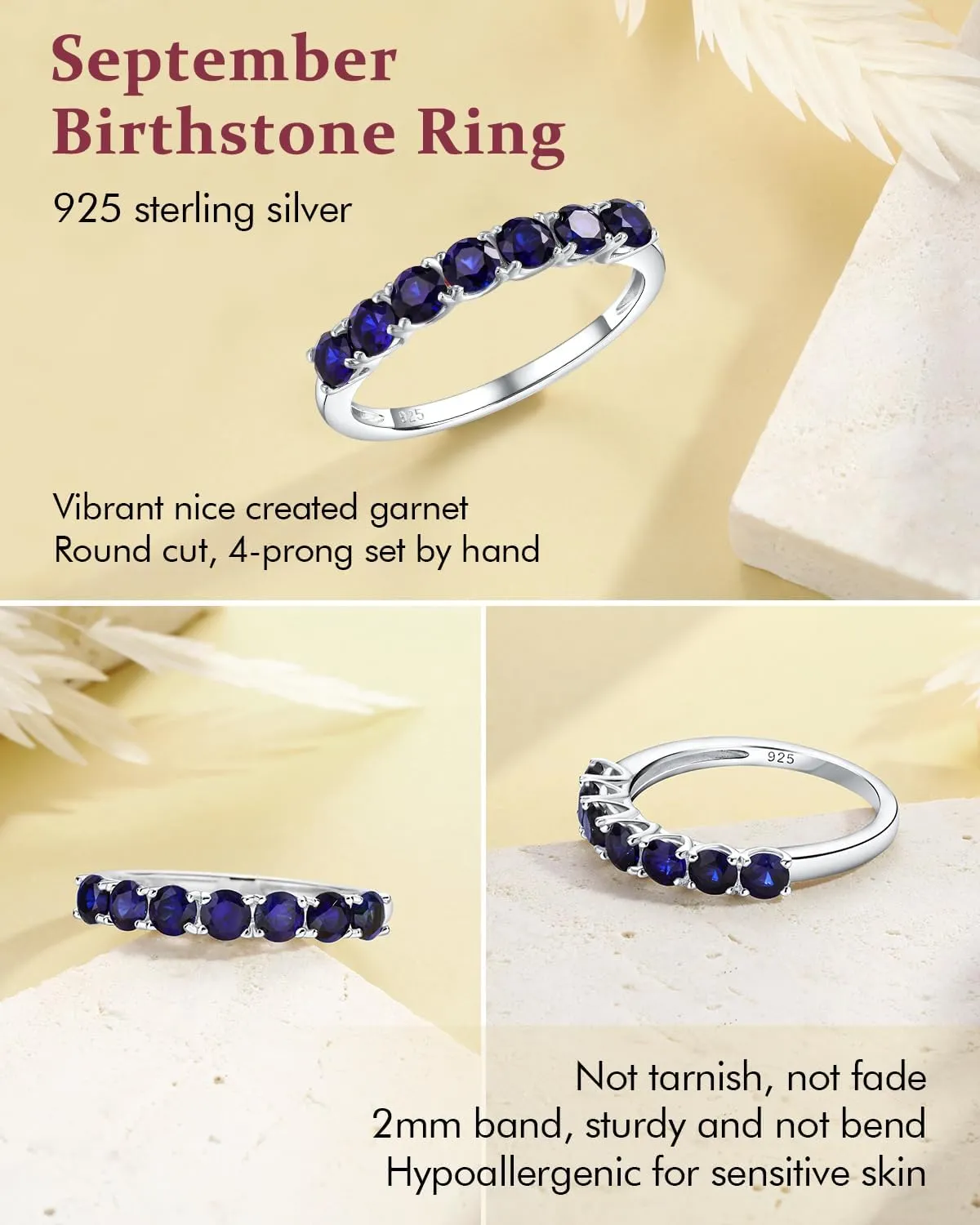 DAYBYDAY Birthstone Rings for Women, 925 Sterling Silver Created Gemstone Half Eternity Band Ring, 7 Stone Wedding Band 2mm Stackable Anniversary Rings for Her Wife Mom Birthday Jewelry