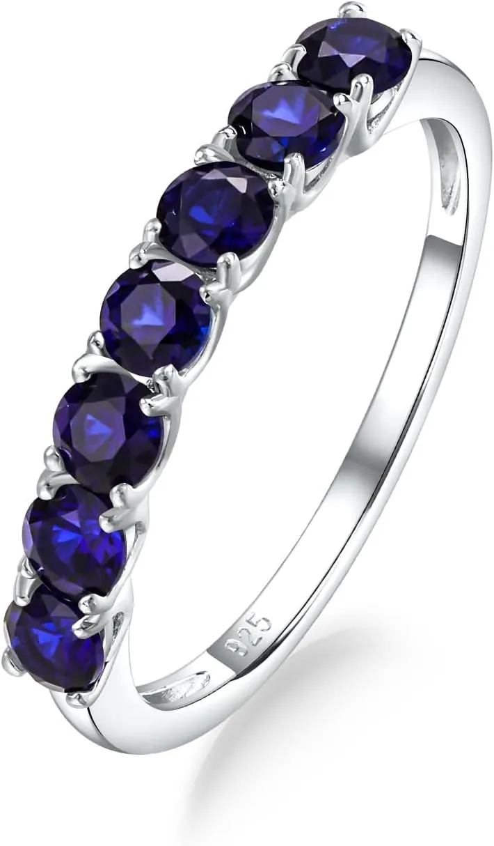 DAYBYDAY Birthstone Rings for Women, 925 Sterling Silver Created Gemstone Half Eternity Band Ring, 7 Stone Wedding Band 2mm Stackable Anniversary Rings for Her Wife Mom Birthday Jewelry