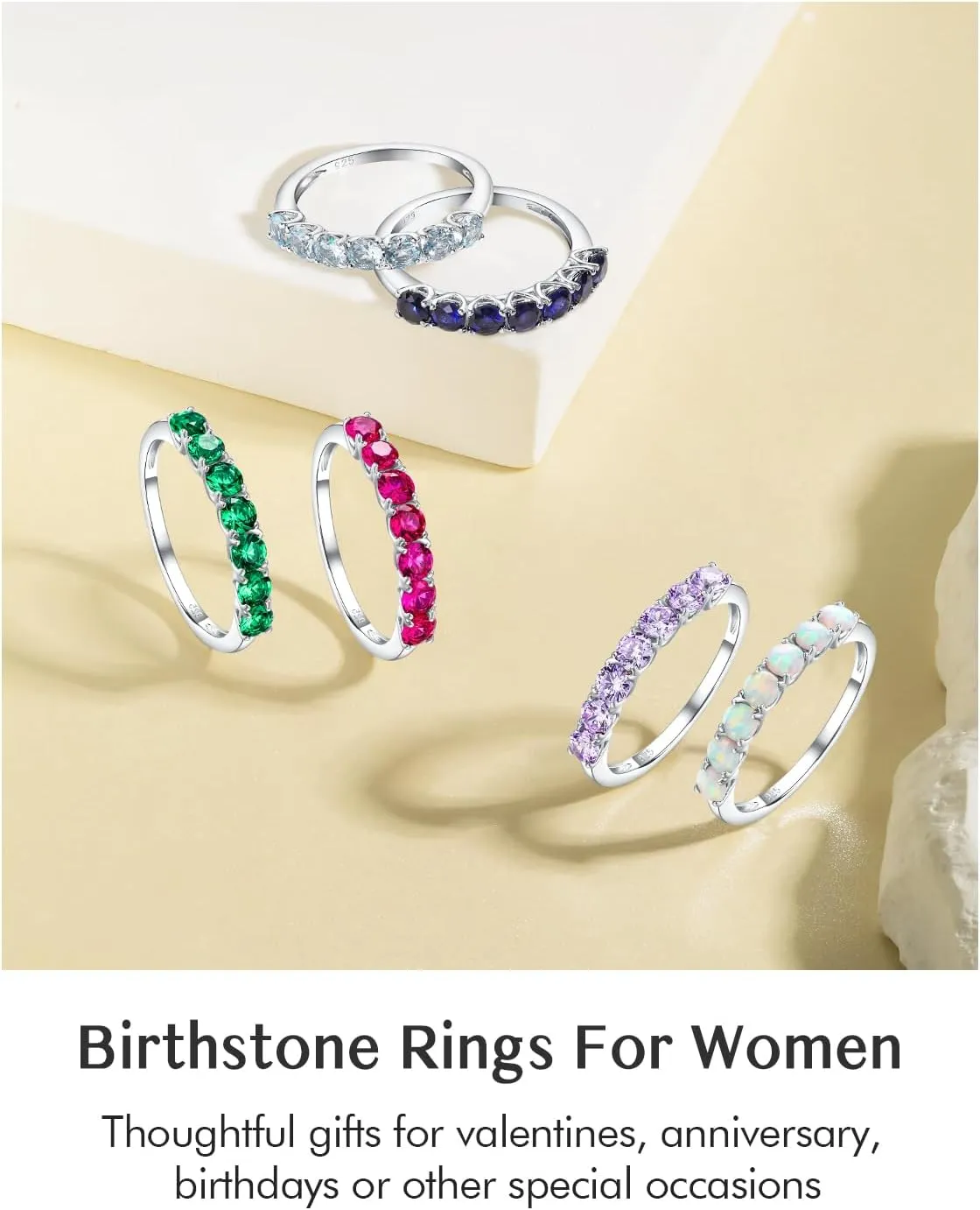 DAYBYDAY Birthstone Rings for Women, 925 Sterling Silver Created Gemstone Half Eternity Band Ring, 7 Stone Wedding Band 2mm Stackable Anniversary Rings for Her Wife Mom Birthday Jewelry