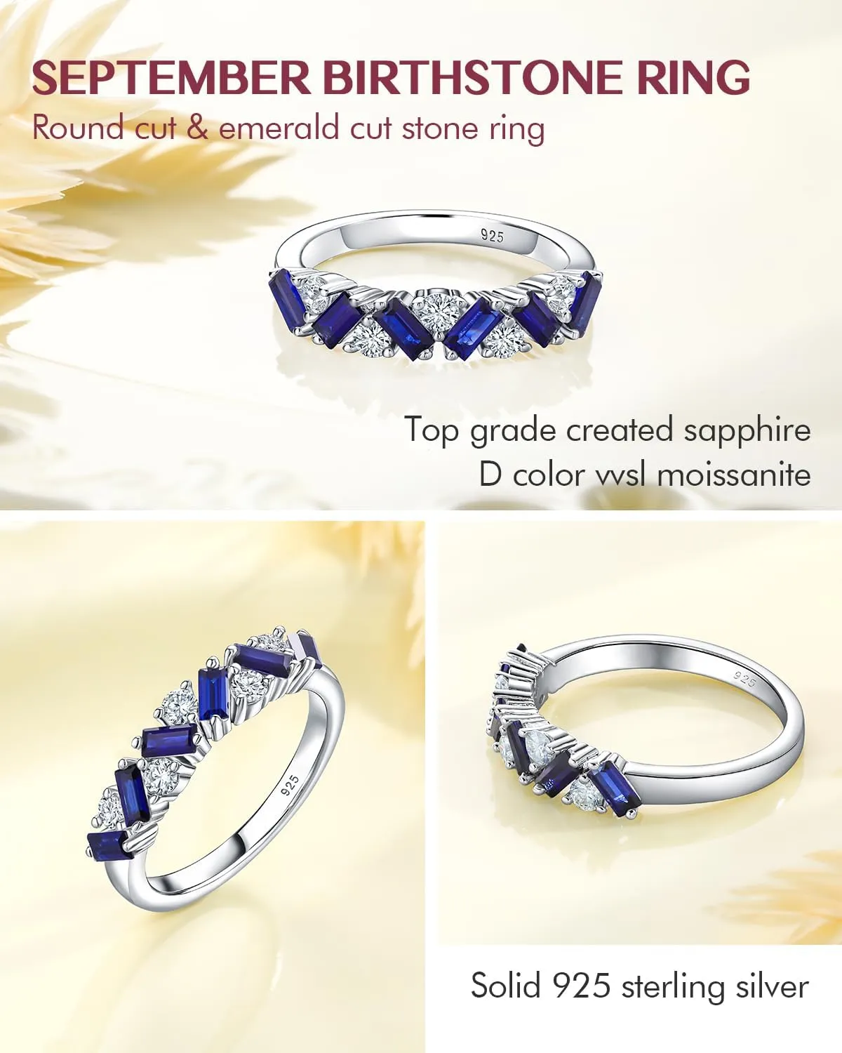 DAYBYDAY Birthstone Rings for Women 925 Sterling Silver Emerald Cut Eterinty Band Ring Created Gemstone Moissanite Wedding Band Anniversary Ring Size 6-10