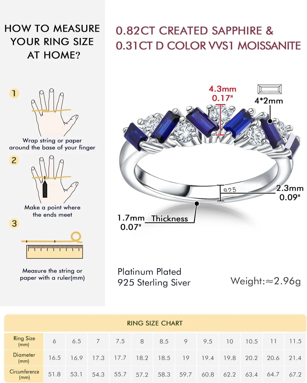 DAYBYDAY Birthstone Rings for Women 925 Sterling Silver Emerald Cut Eterinty Band Ring Created Gemstone Moissanite Wedding Band Anniversary Ring Size 6-10