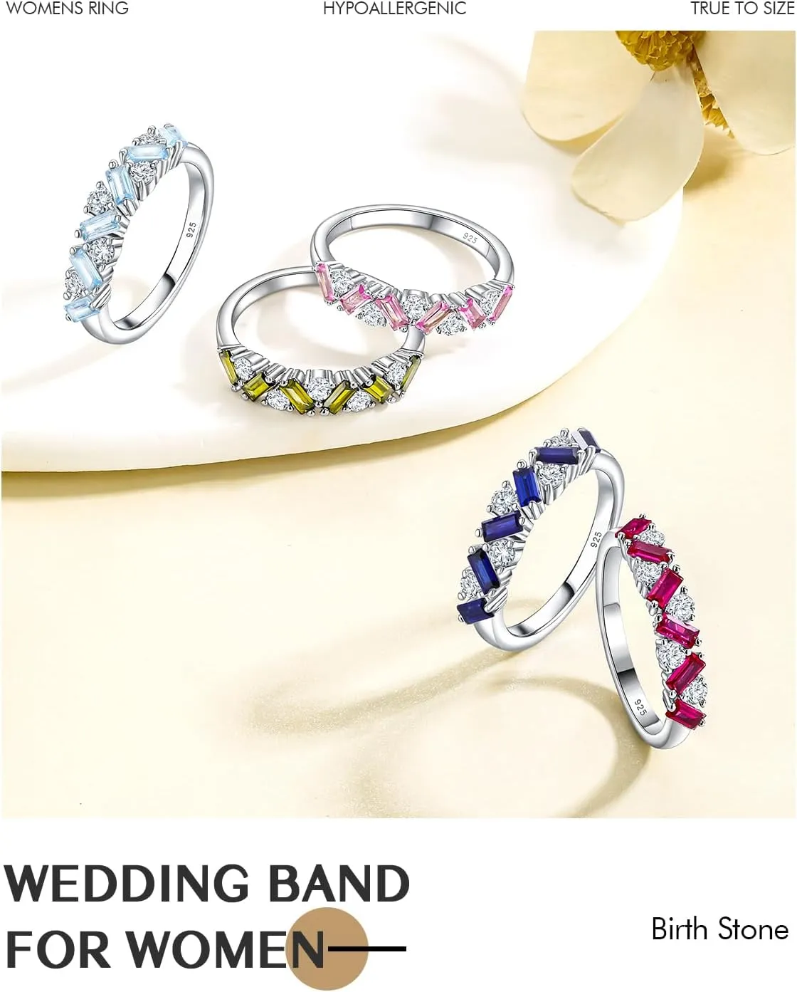 DAYBYDAY Birthstone Rings for Women 925 Sterling Silver Emerald Cut Eterinty Band Ring Created Gemstone Moissanite Wedding Band Anniversary Ring Size 6-10