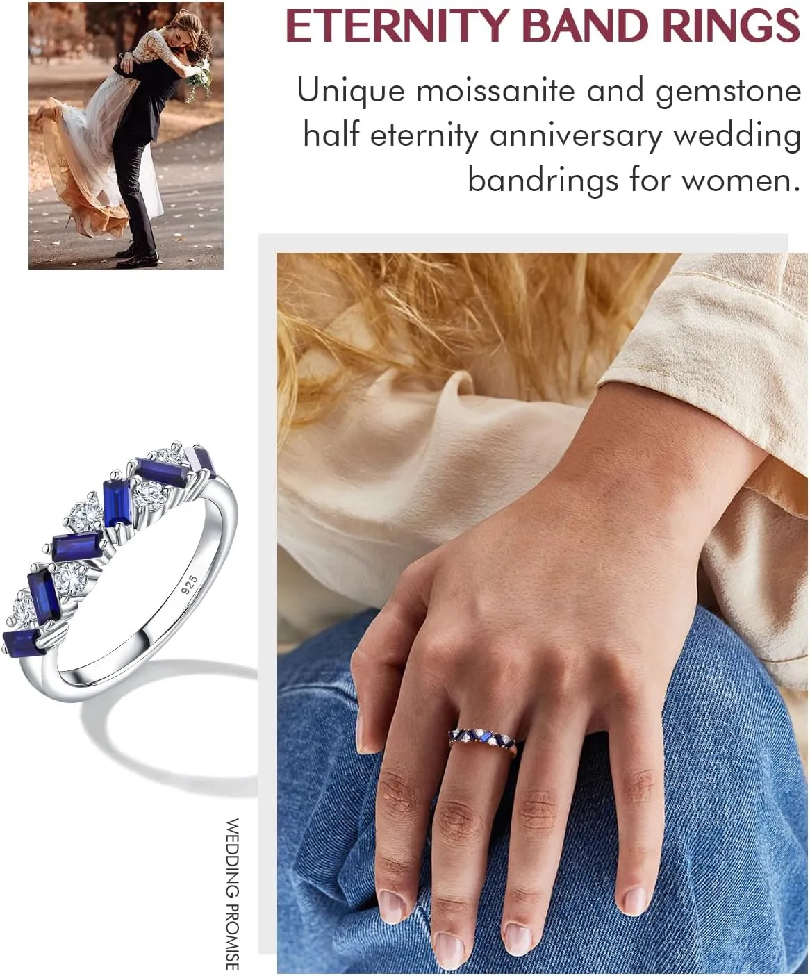 DAYBYDAY Birthstone Rings for Women 925 Sterling Silver Emerald Cut Eterinty Band Ring Created Gemstone Moissanite Wedding Band Anniversary Ring Size 6-10