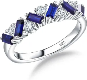 DAYBYDAY Birthstone Rings for Women 925 Sterling Silver Emerald Cut Eterinty Band Ring Created Gemstone Moissanite Wedding Band Anniversary Ring Size 6-10