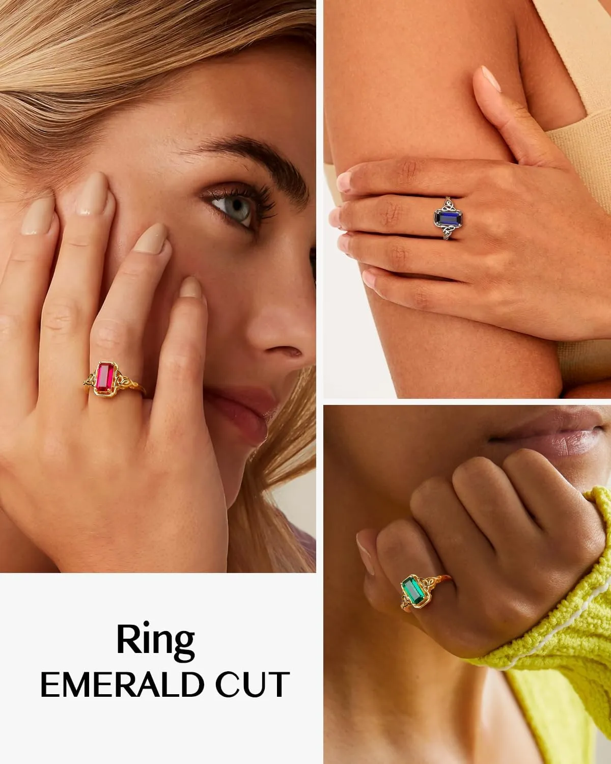 DAYBYDAY Celtic Birthstone Rings for Women, 925 Sterling Silver/18K Gold Plated Emerald Cut Celtic Knot Engagement Wedding Ring, Square Created Gemstone Promise Rings for Her Size 6-10