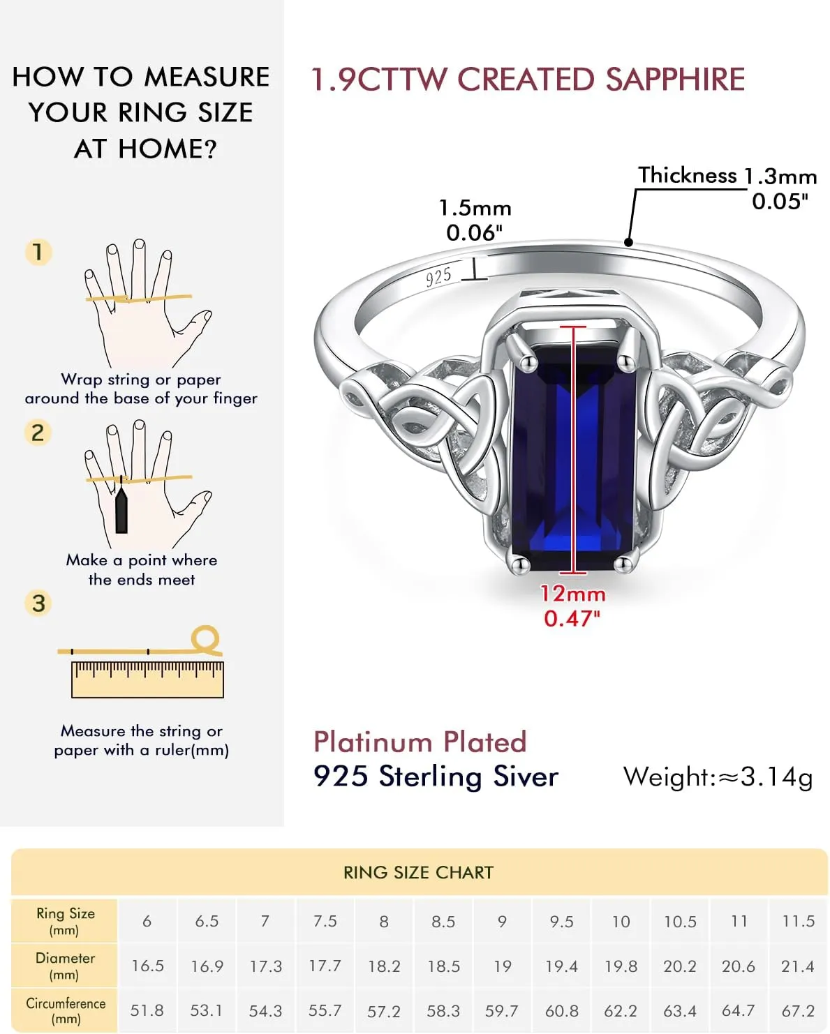 DAYBYDAY Celtic Birthstone Rings for Women, 925 Sterling Silver/18K Gold Plated Emerald Cut Celtic Knot Engagement Wedding Ring, Square Created Gemstone Promise Rings for Her Size 6-10