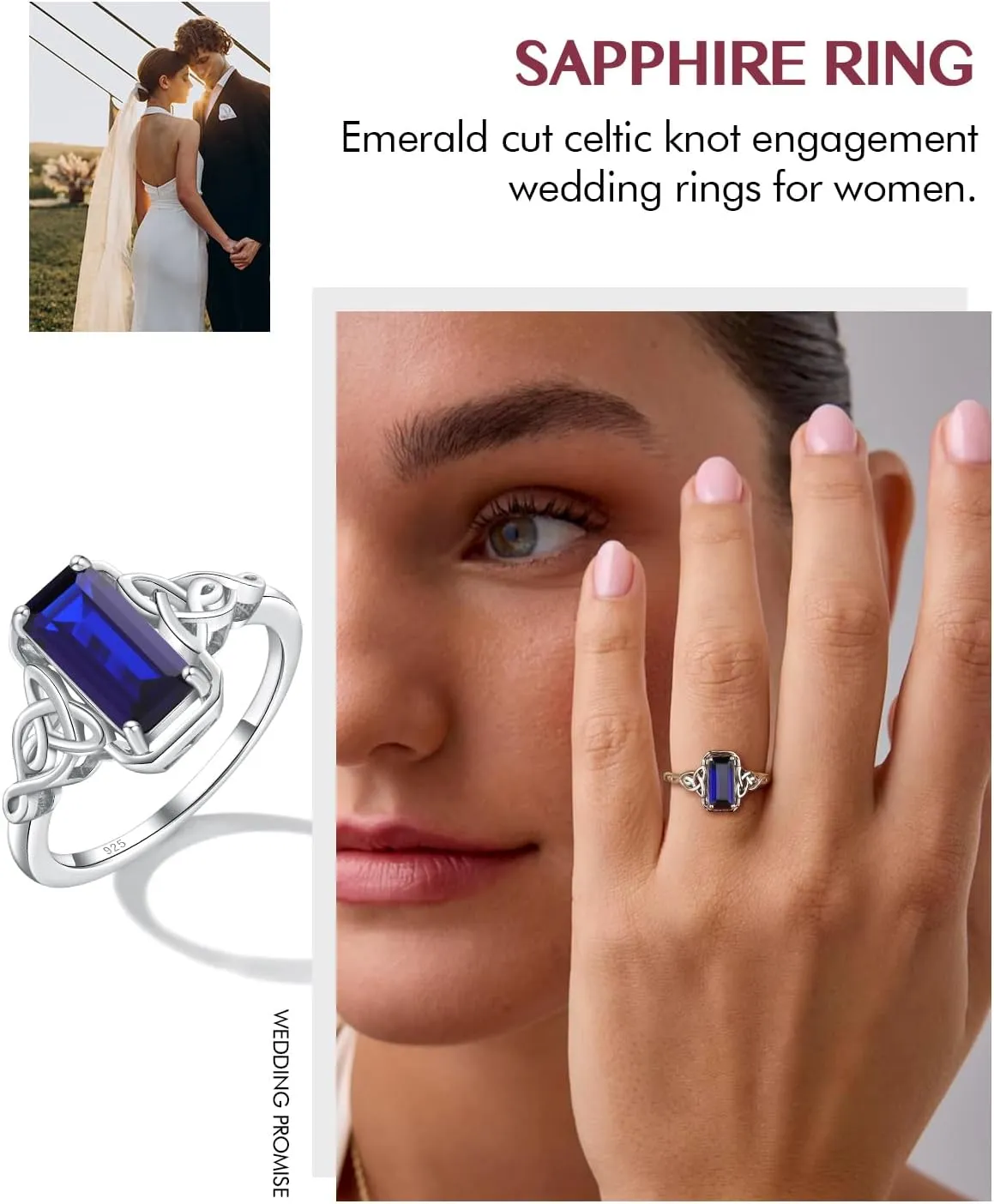 DAYBYDAY Celtic Birthstone Rings for Women, 925 Sterling Silver/18K Gold Plated Emerald Cut Celtic Knot Engagement Wedding Ring, Square Created Gemstone Promise Rings for Her Size 6-10